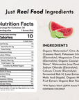 Watermelon wedge and lime slices beside nutrition facts and ingredient list for electrolyte powder.