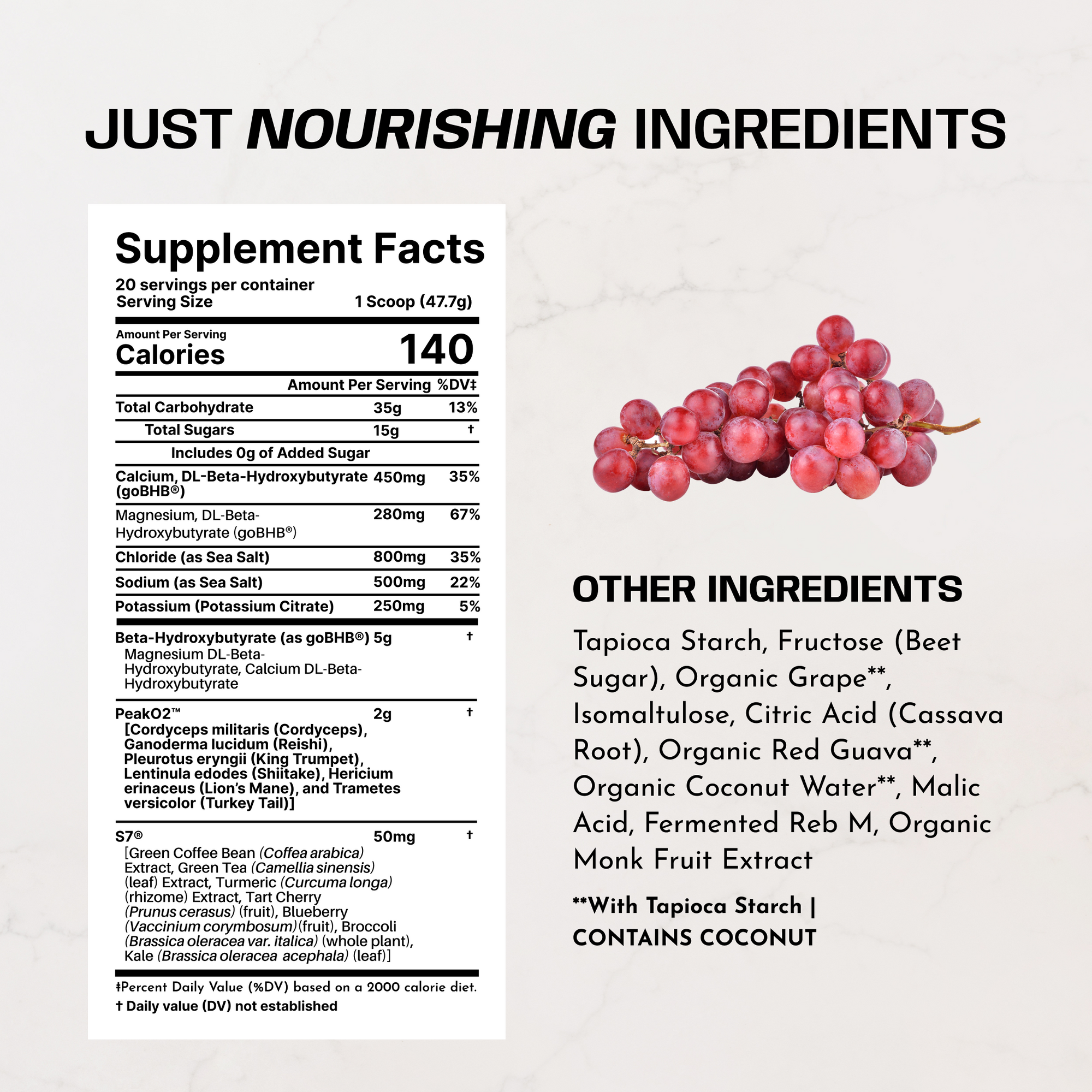 Red grapes next to supplement facts label listing ingredients including calcium, magnesium, electrolytes, and botanical extra