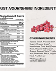 Red grapes next to supplement facts label listing ingredients including calcium, magnesium, electrolytes, and botanical extra