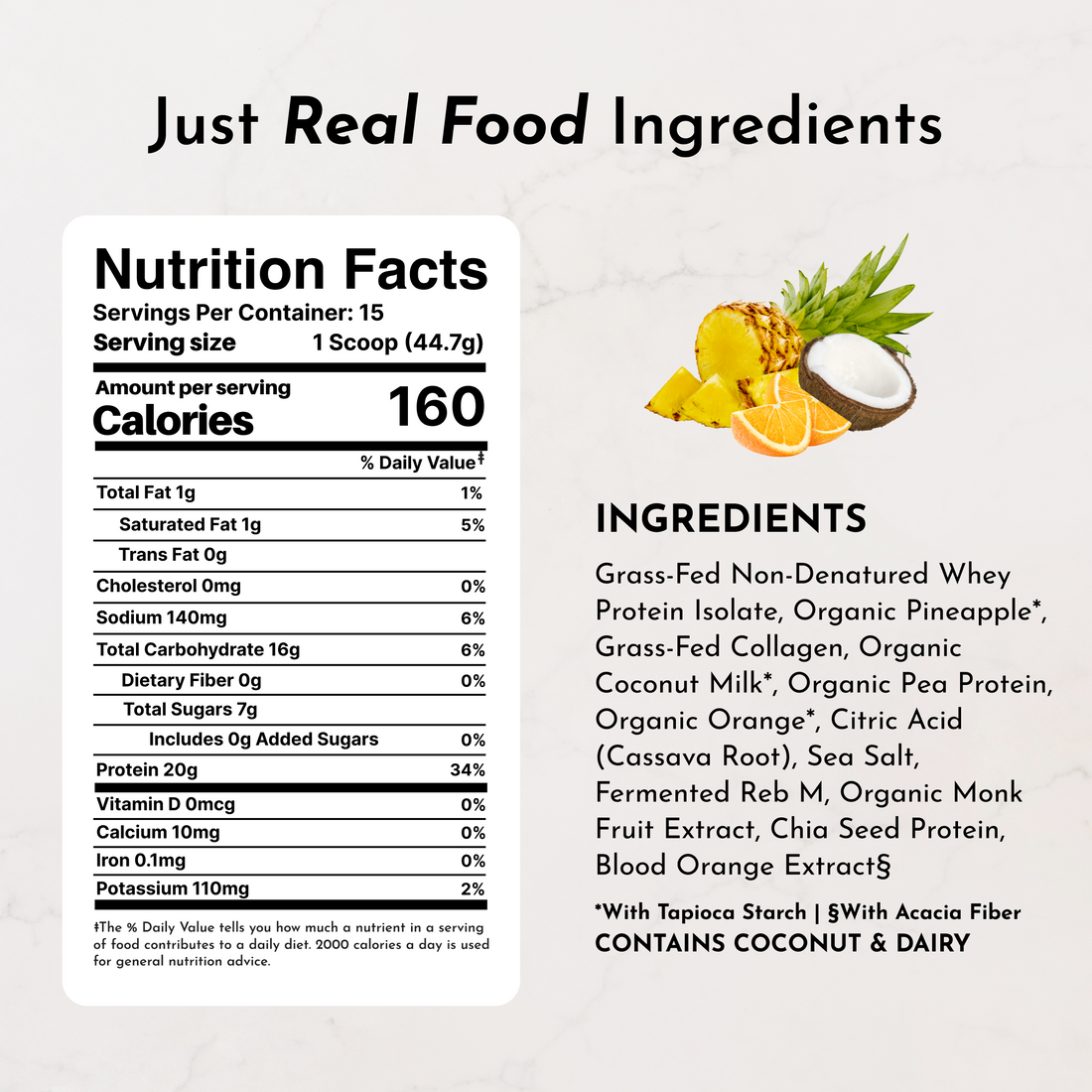 Nutrition facts panel and ingredients list for Tropical Paradise Protein Powder with pineapple, coconut and orange imagery