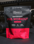 Black and red pouch of Just Ingredients Pink Dragon Performance Pre-Workout with specs for BCAA blend, zero sugar, and green 