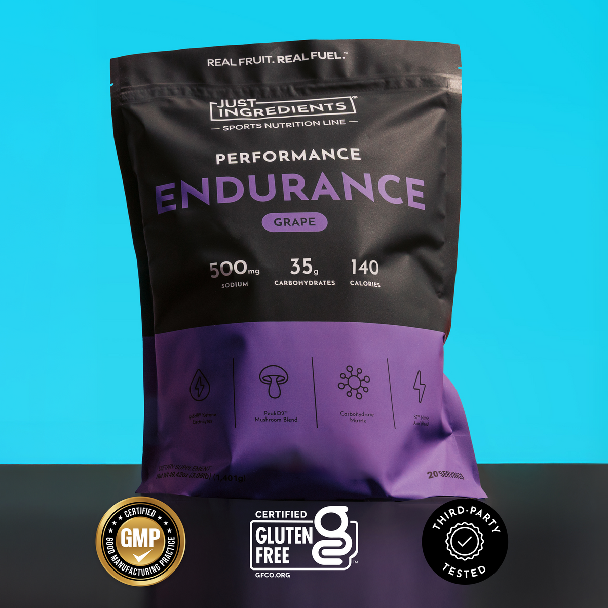 Black and purple pouch of grape-flavored endurance drink with nutrition information and certification badges on blue backgrou