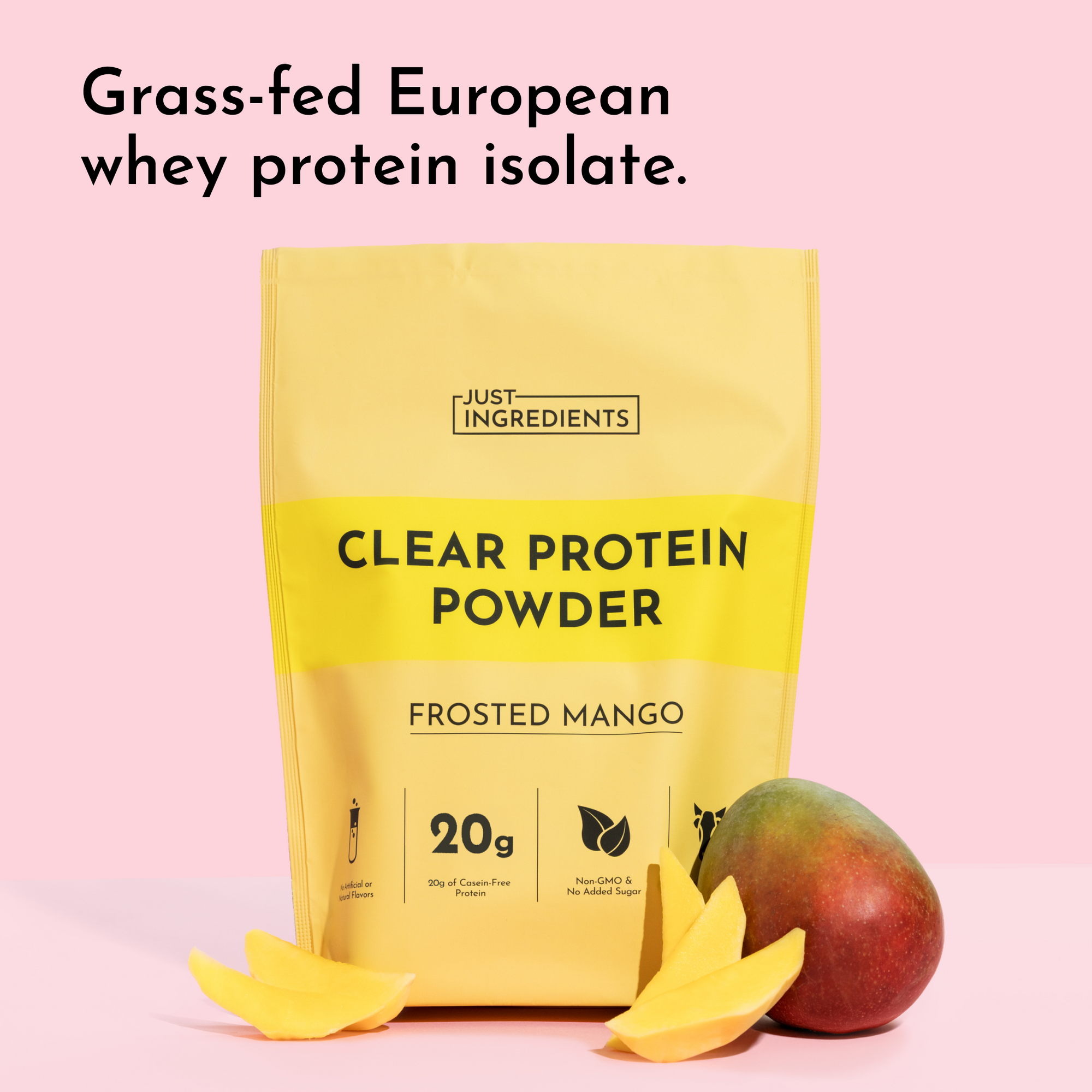 Yellow pouch of Frosted Mango Clear Protein Powder with mango fruit and slices on pink background.