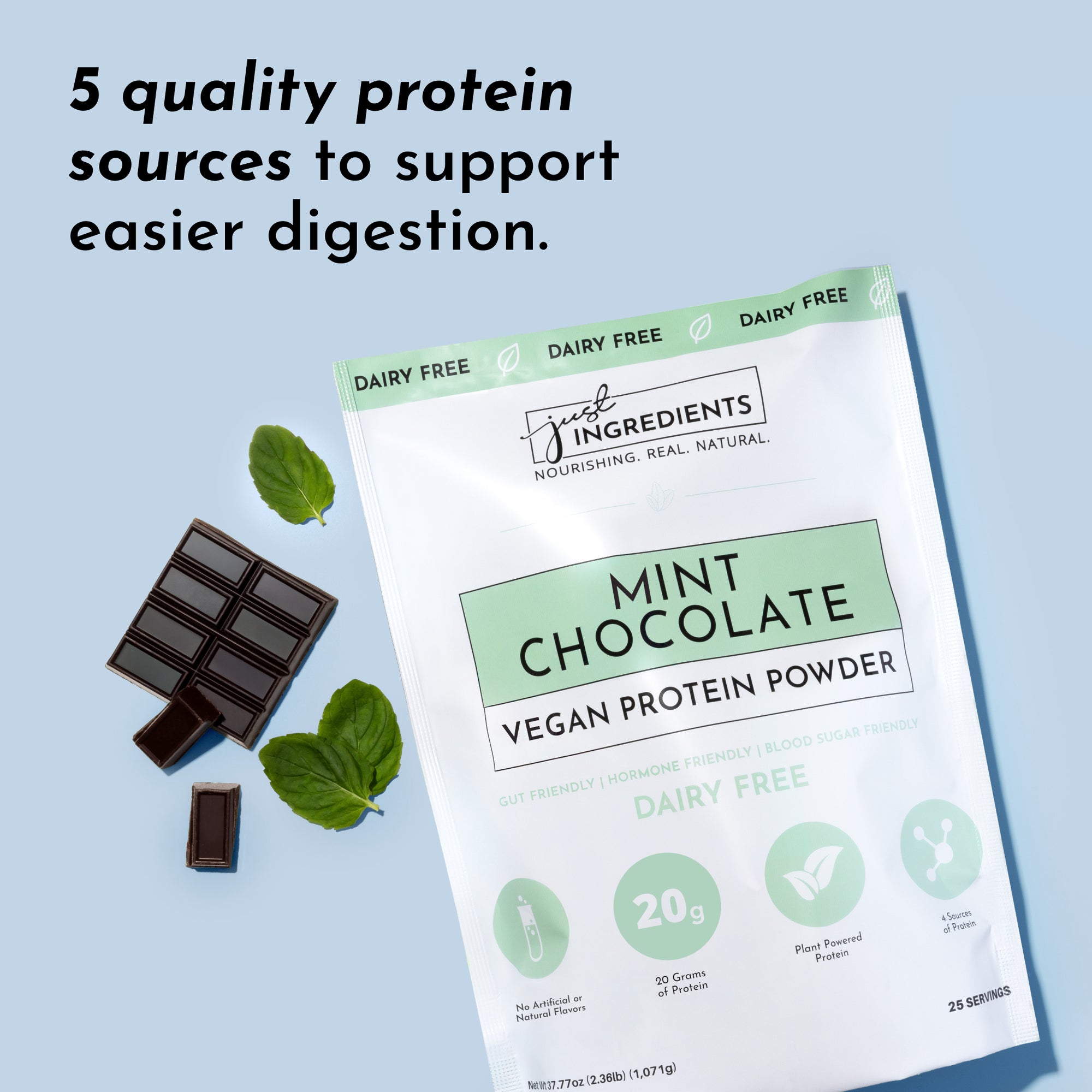 Mint chocolate vegan protein powder package with chocolate pieces and mint leaves on a light blue background.