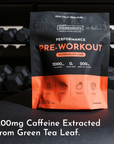 Black and orange pouch of Watermelon Lime Performance Pre-Workout with ingredient icons and nutritional information, displaye