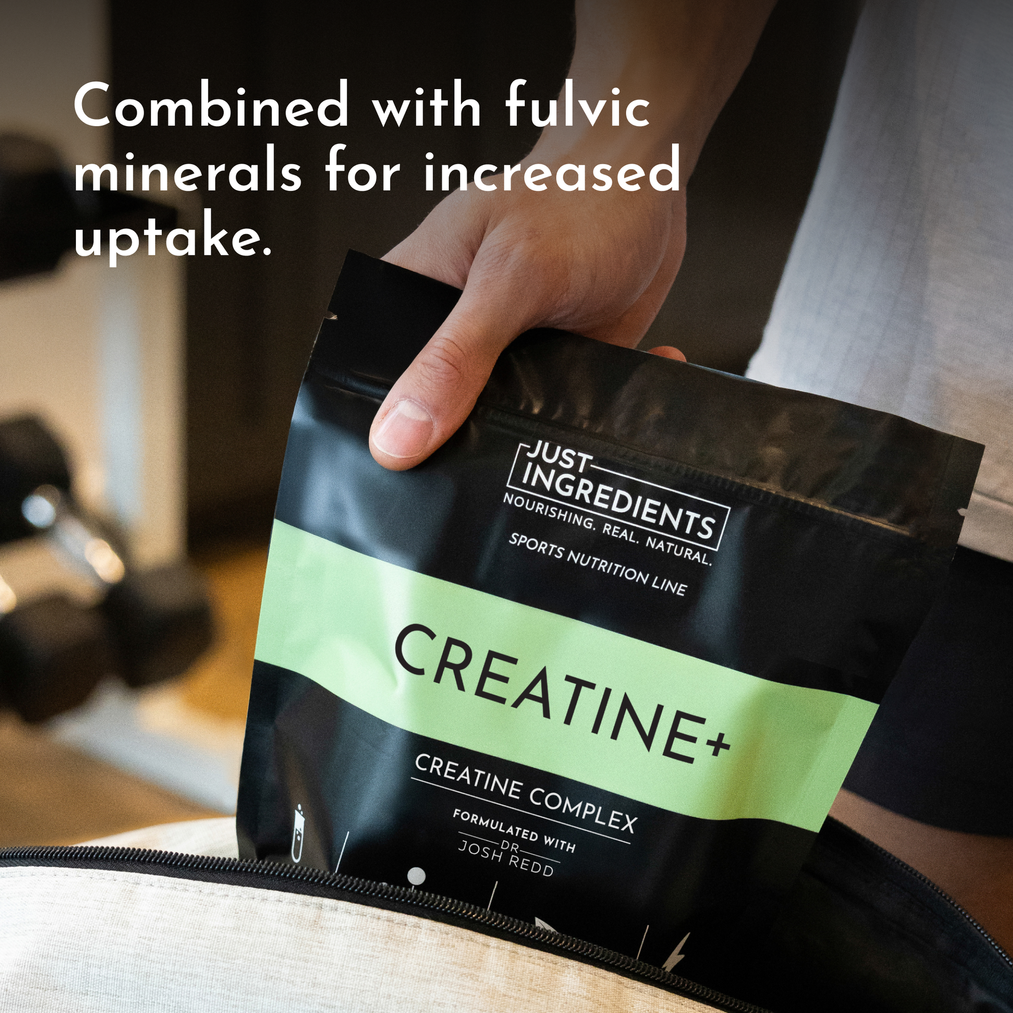 A person holds a black and green pouch labeled "Creatine+" with a sports nutrition theme.