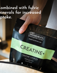 A person holds a black and green pouch labeled "Creatine+" with a sports nutrition theme.