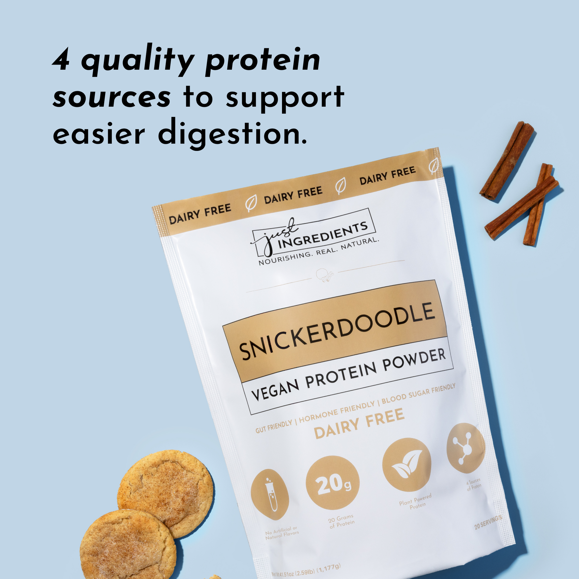 Vegan Snickerdoodle protein powder bag with cookies and cinnamon sticks on a light blue background.