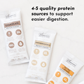 Three protein powder packets labeled Chocolate, Snickerdoodle, and Salted Caramel, each with nutritional information.