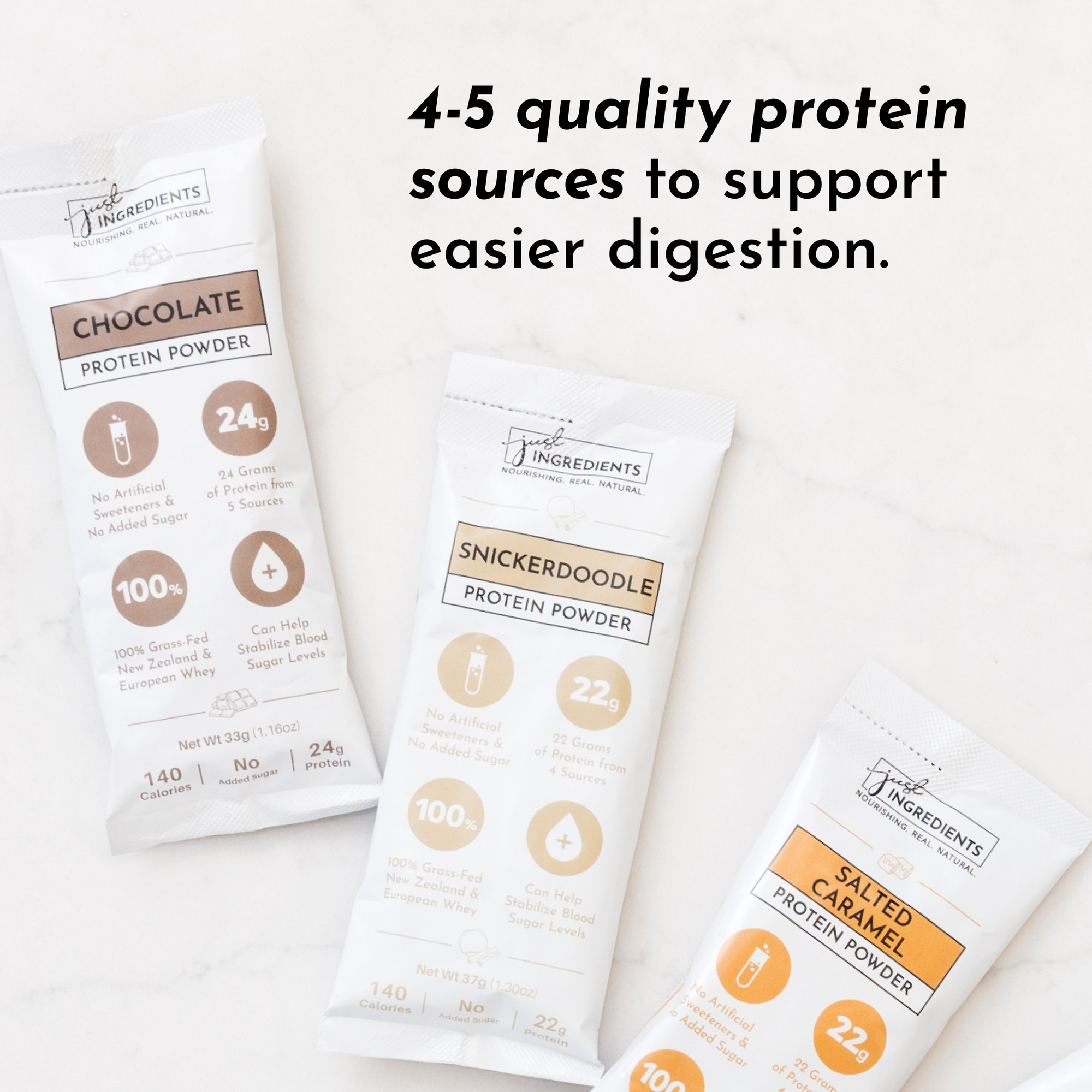 Three protein powder packets labeled Chocolate, Snickerdoodle, and Salted Caramel, each with nutritional information.