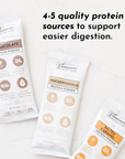 Three protein powder packets labeled Chocolate, Snickerdoodle, and Salted Caramel, each with nutritional information.