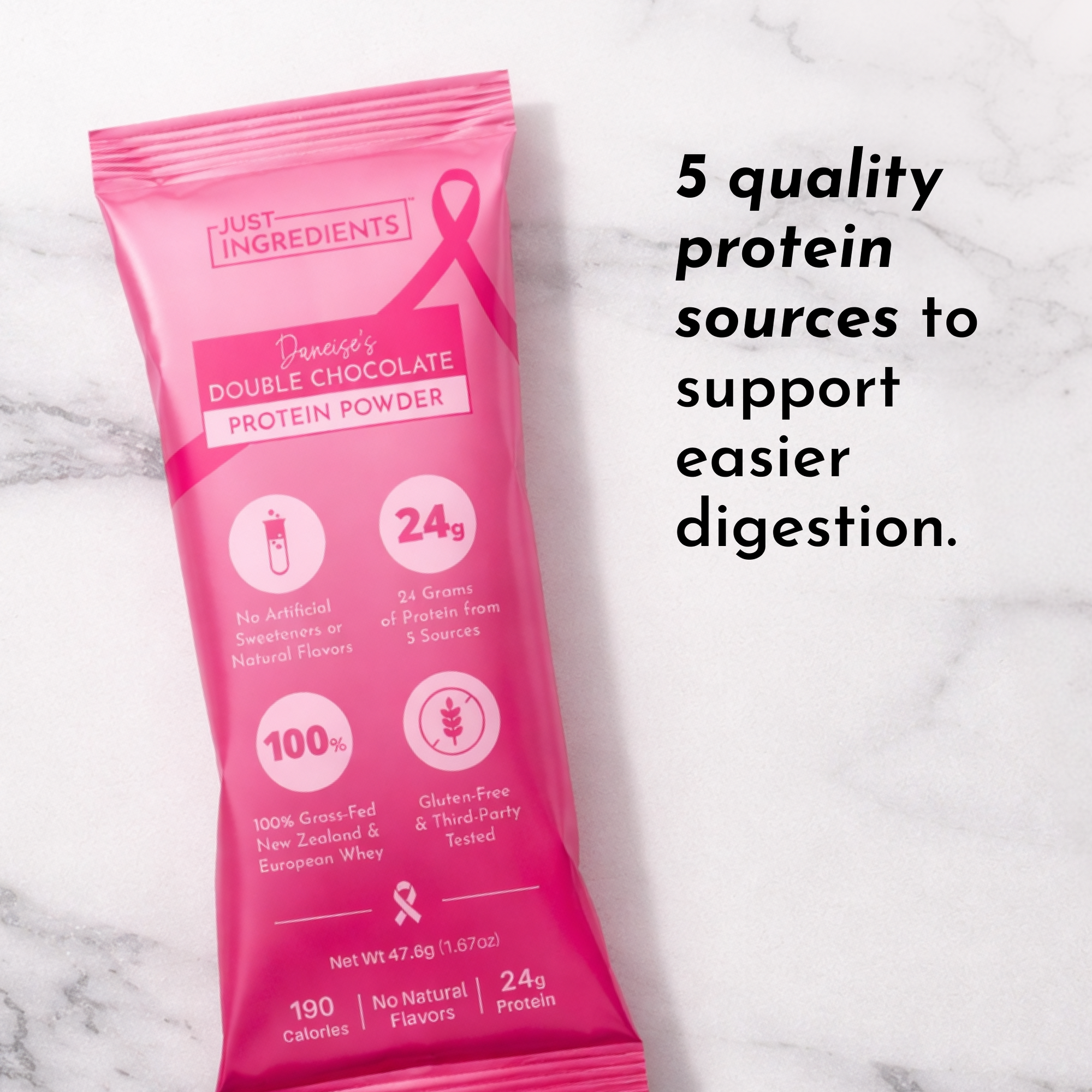 Pink packaging of Double Chocolate Protein Powder with nutritional information and claims about protein sources and ingredien