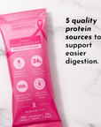 Pink packaging of Double Chocolate Protein Powder with nutritional information and claims about protein sources and ingredien