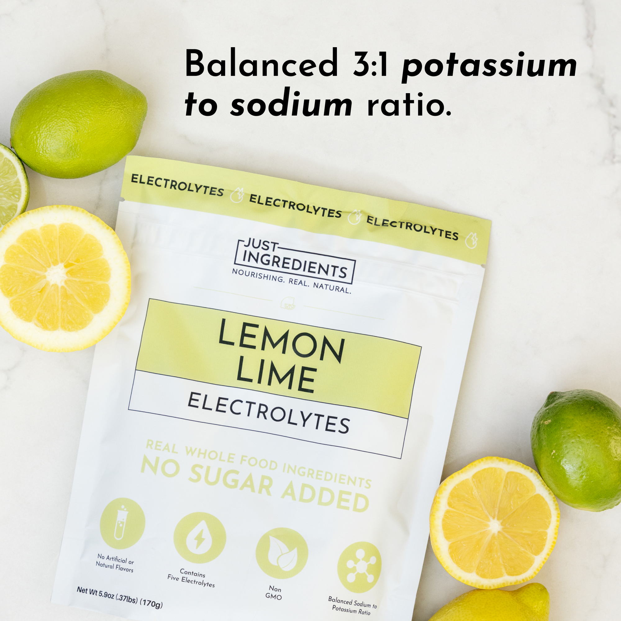 Lemon Lime Electrolytes package with lemon and lime slices on a marble surface.