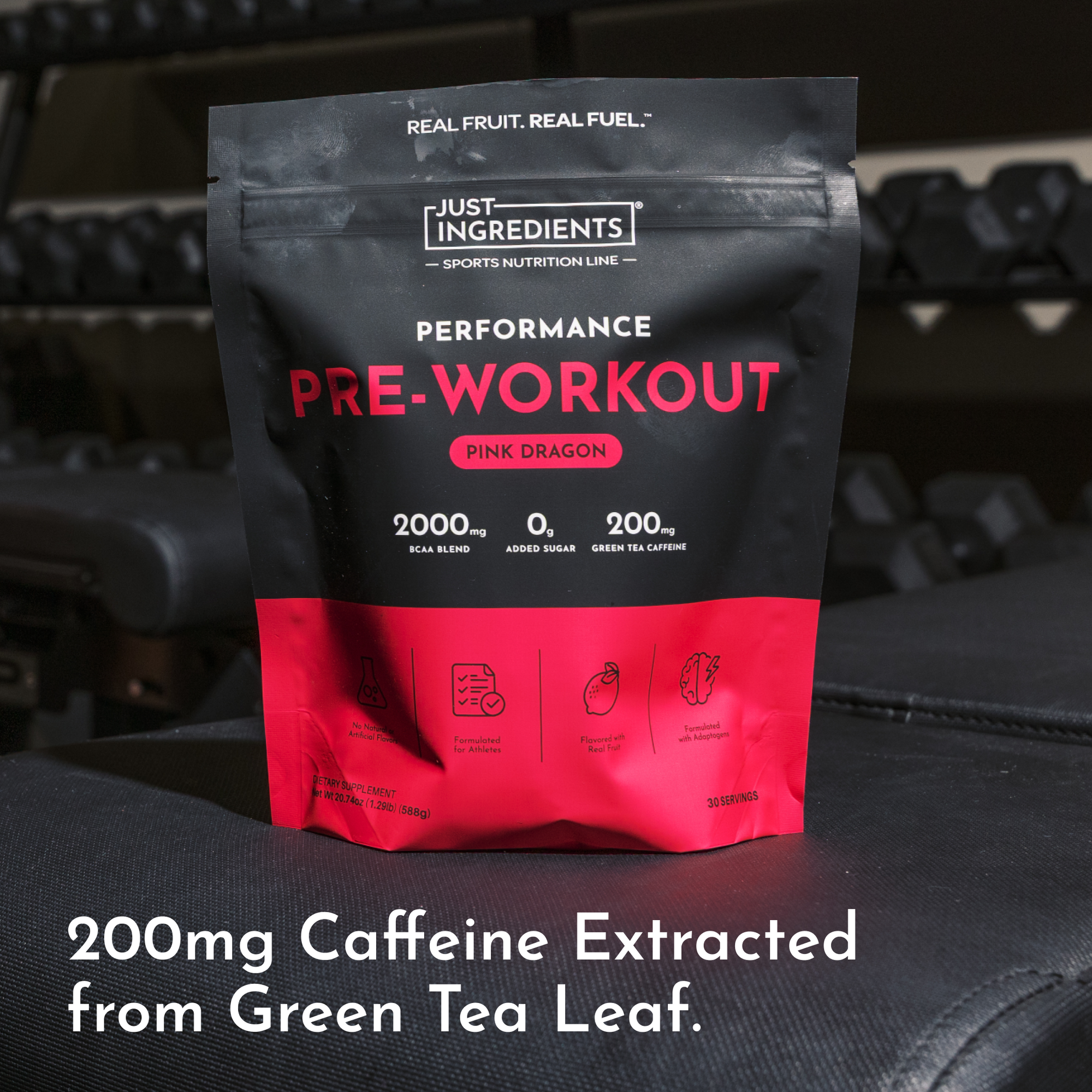 Black and pink pouch of Just Ingredients Performance Pre-Workout in Pink Dragon flavor with ingredient specifications and ben