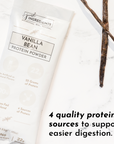 Vanilla bean protein powder stick with nutritional information and vanilla pods on a marble surface.