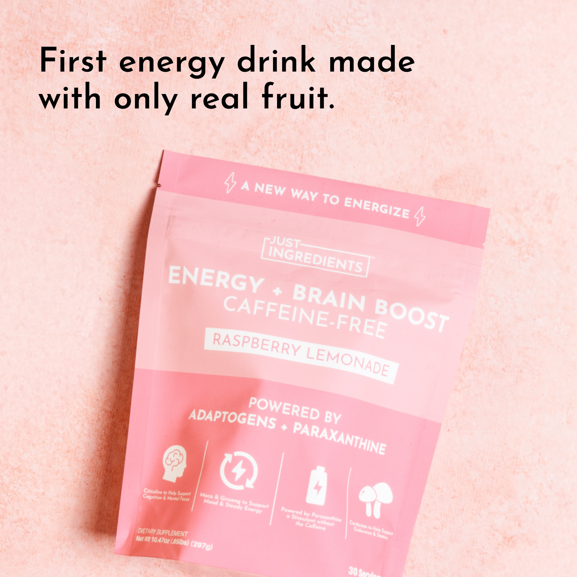 Pink packaging for Energy + Brain Boost Raspberry Lemonade, labeled caffeine-free and featuring real fruit ingredients.