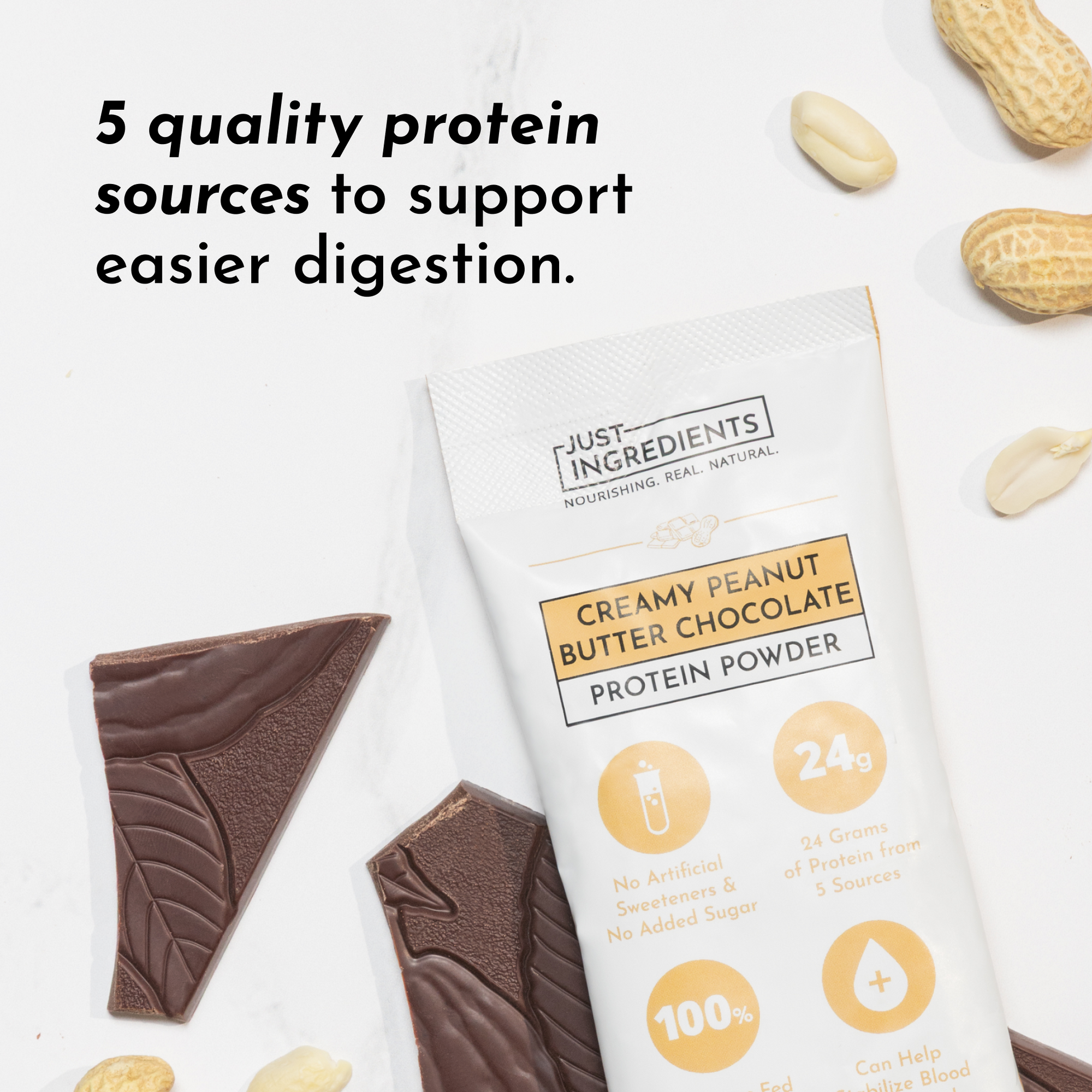 Protein powder packet with creamy peanut butter chocolate flavor, surrounded by chocolate pieces and peanuts.