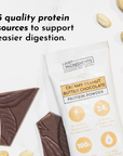 Protein powder packet with creamy peanut butter chocolate flavor, surrounded by chocolate pieces and peanuts.