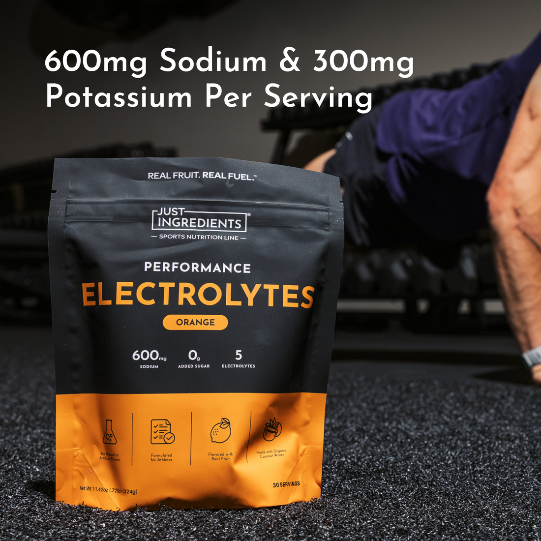 Front of the orange electrolyte pouch showing sodium and potassium content callouts.