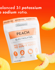 White packet of peach electrolytes with orange label on orange gradient background, surrounded by peach slices.