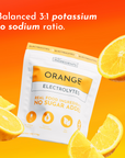 White packet labeled "Orange Electrolytes" surrounded by orange and lemon slices on orange-yellow gradient background.