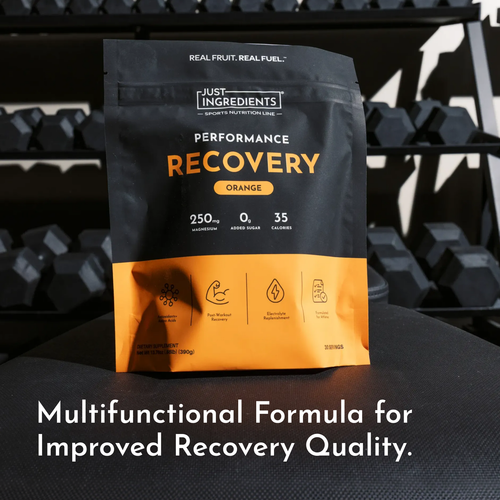 Black and orange pouch of Just Ingredients Performance Recovery drink in orange flavor with nutrition details and benefit ico