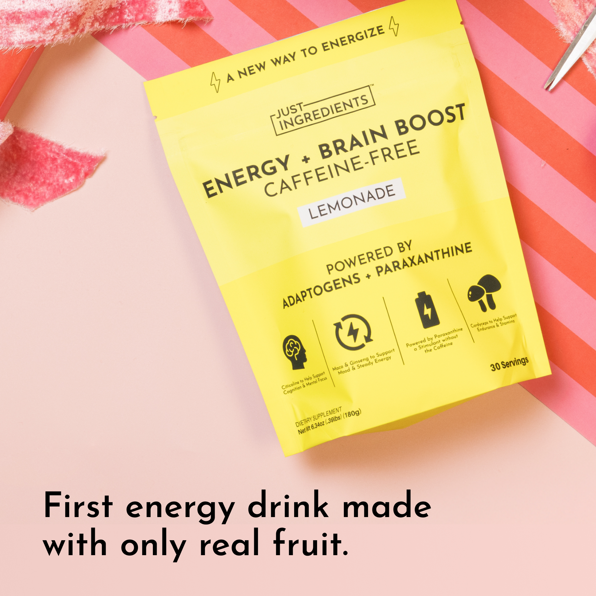 Yellow pouch labeled "Energy + Brain Boost Lemonade" with illustrations and text about ingredients and servings.