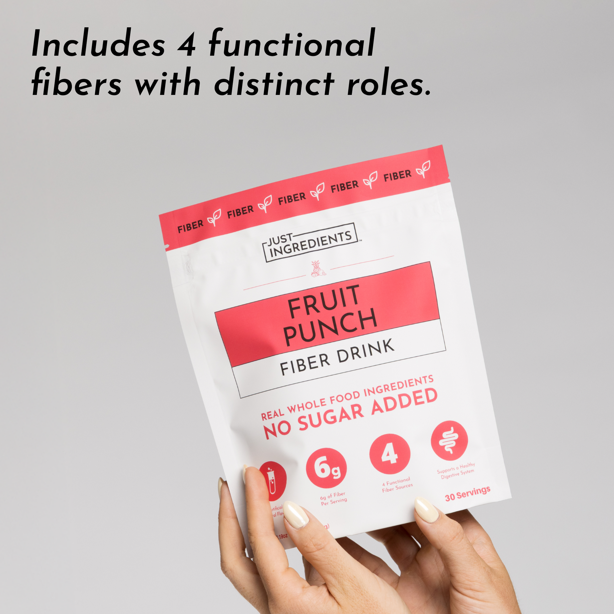 Packaging of Fruit Punch Fiber Drink with details on fiber content and serving information.
