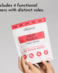 Packaging of Fruit Punch Fiber Drink with details on fiber content and serving information.