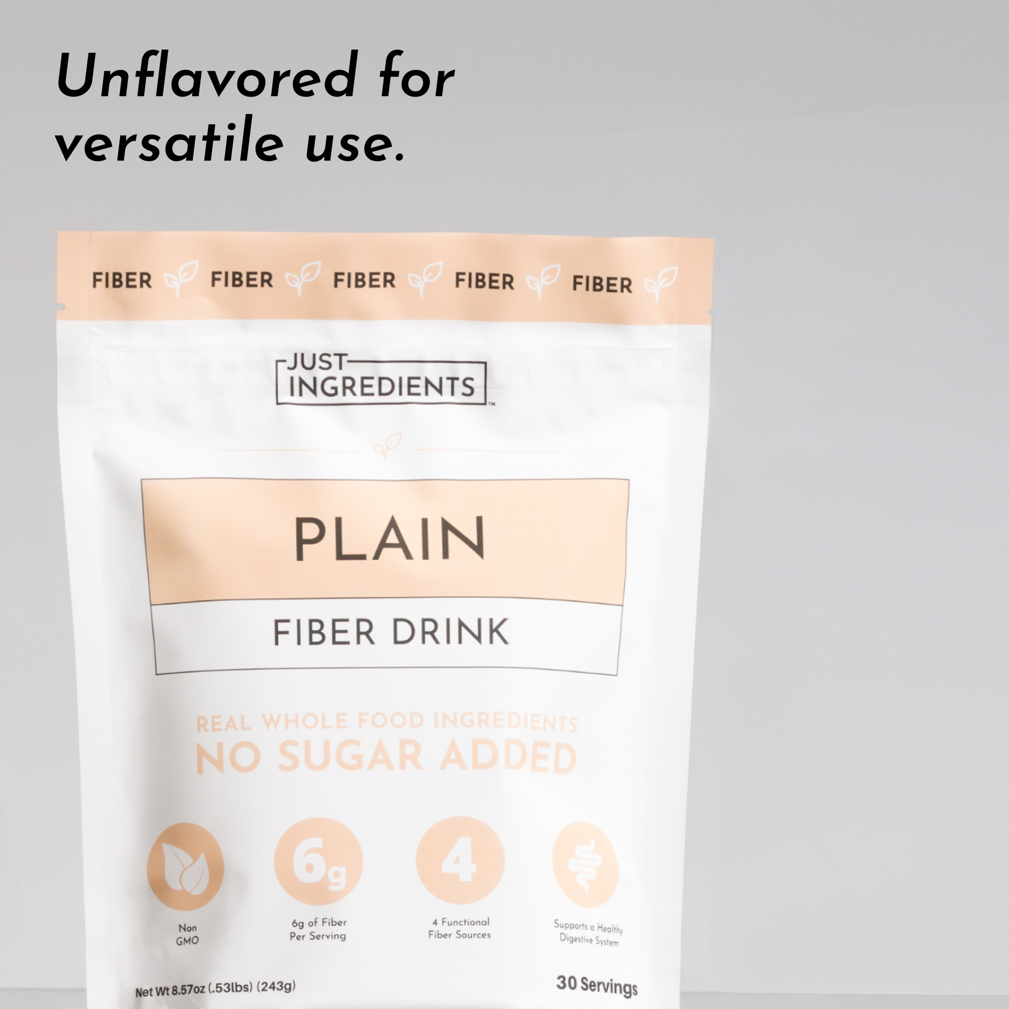 Plain fiber drink powder package with nutritional information and serving details.