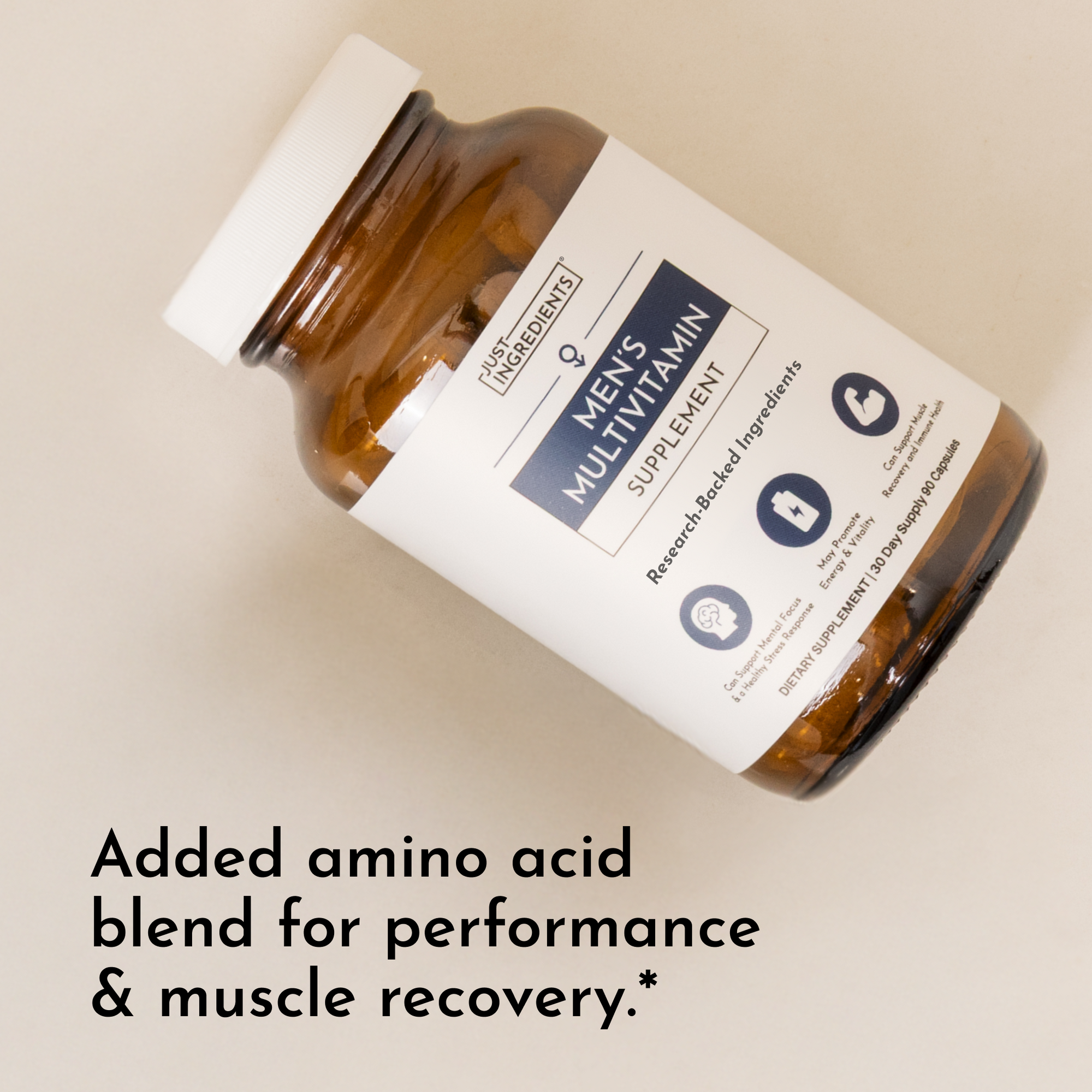 Brown glass bottle with white label reading "Men's Multivitamin Supplement" and ingredient icons on beige background.