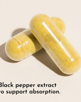 Three yellow capsules filled with fine powder on a beige background.