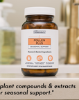 Brown glass bottle with white cap labeled "Pollen Plus" seasonal support dietary supplement containing 60 capsules.