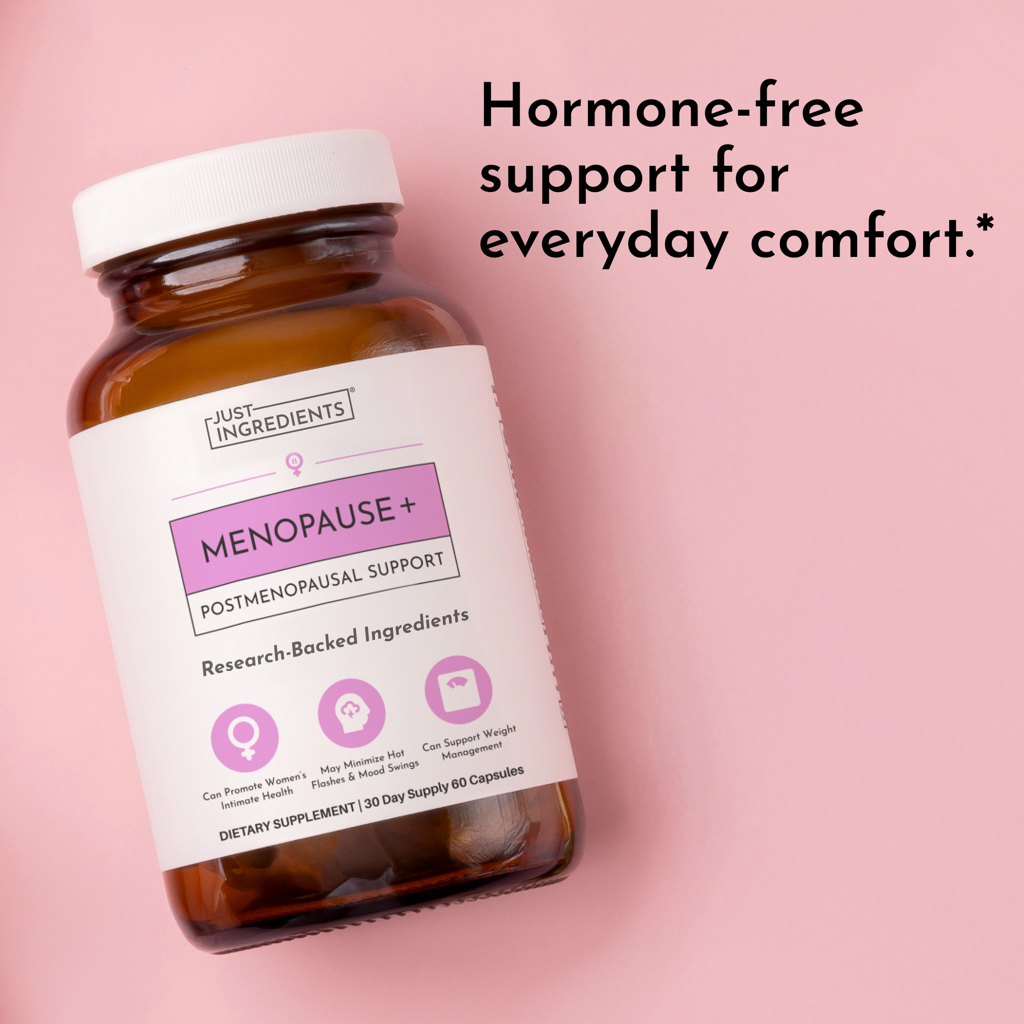 Brown glass bottle with white cap and label reading "Menopause+ Postmenopausal Support" containing 60 capsules on pink backgr