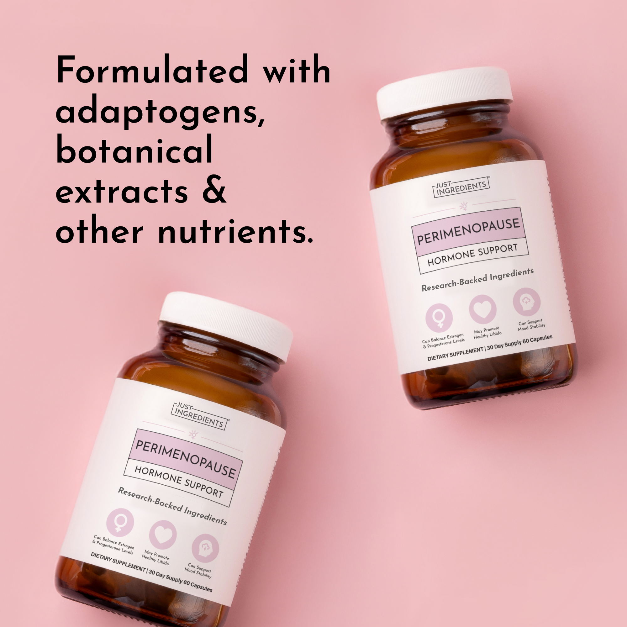 Two amber glass bottles with white caps labeled "Perimenopause Hormone Support" on pink background.