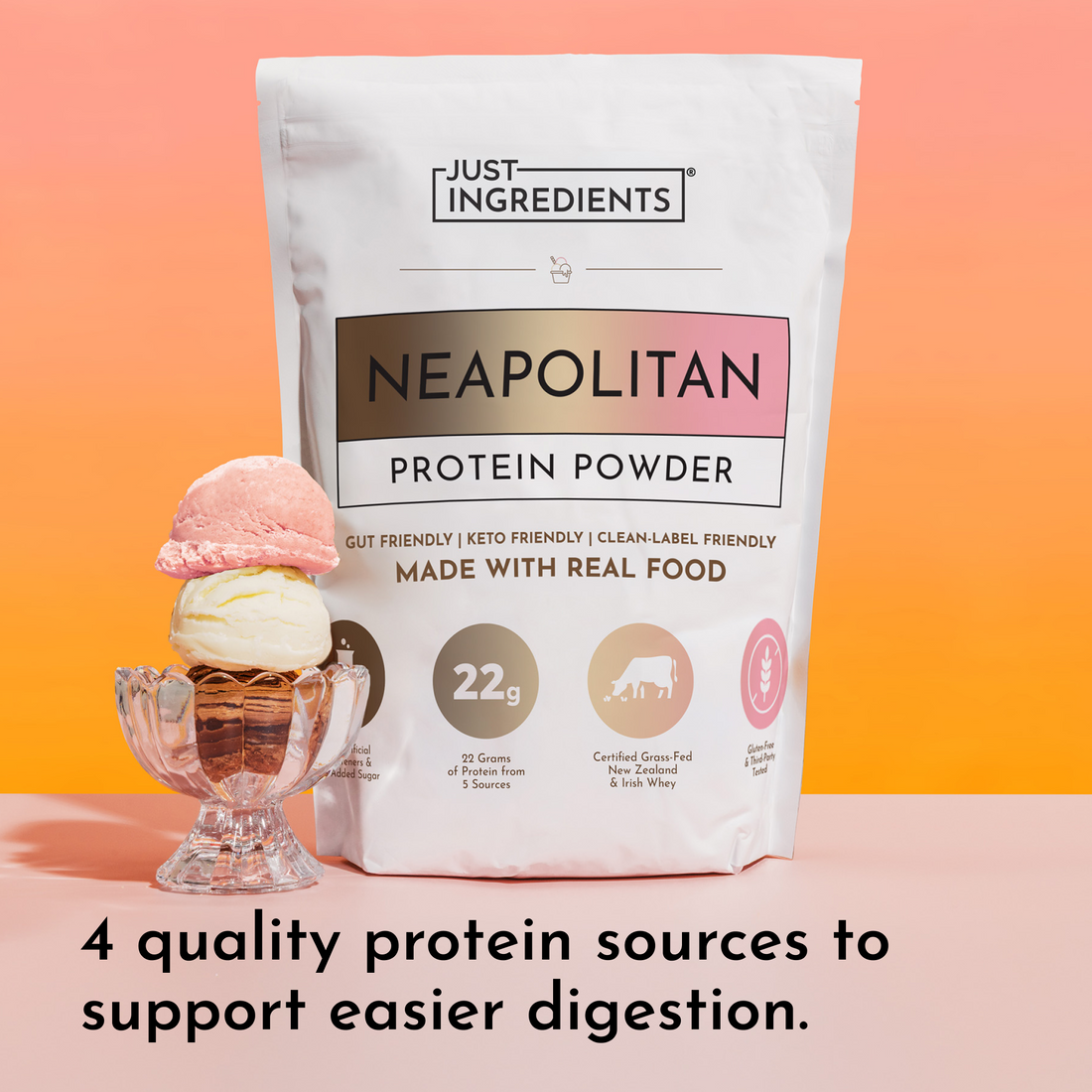 Neapolitan protein powder pouch next to a glass with pink-and-white layered shake.