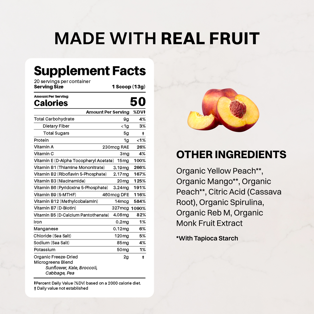 Fresh peach halves with red and yellow skin displayed next to supplement facts label.