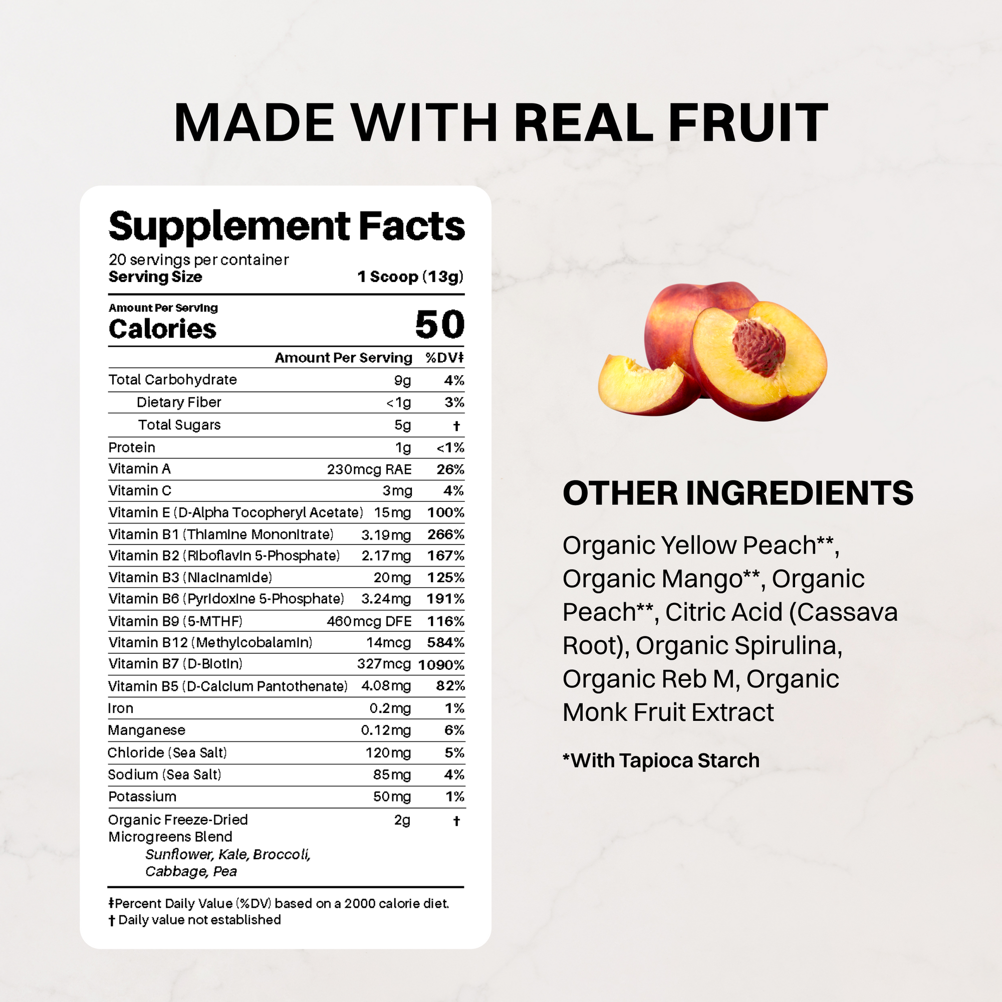 Fresh peach halves with red and yellow skin displayed next to supplement facts label.