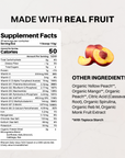 Fresh peach halves with red and yellow skin displayed next to supplement facts label.