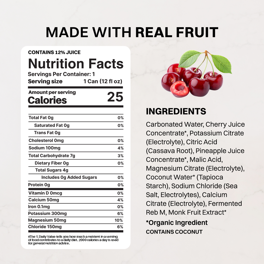 Cherry Punch Sparkling Electrolytes can label with nutrition facts, ingredients list, and fresh cherries with leaves on right