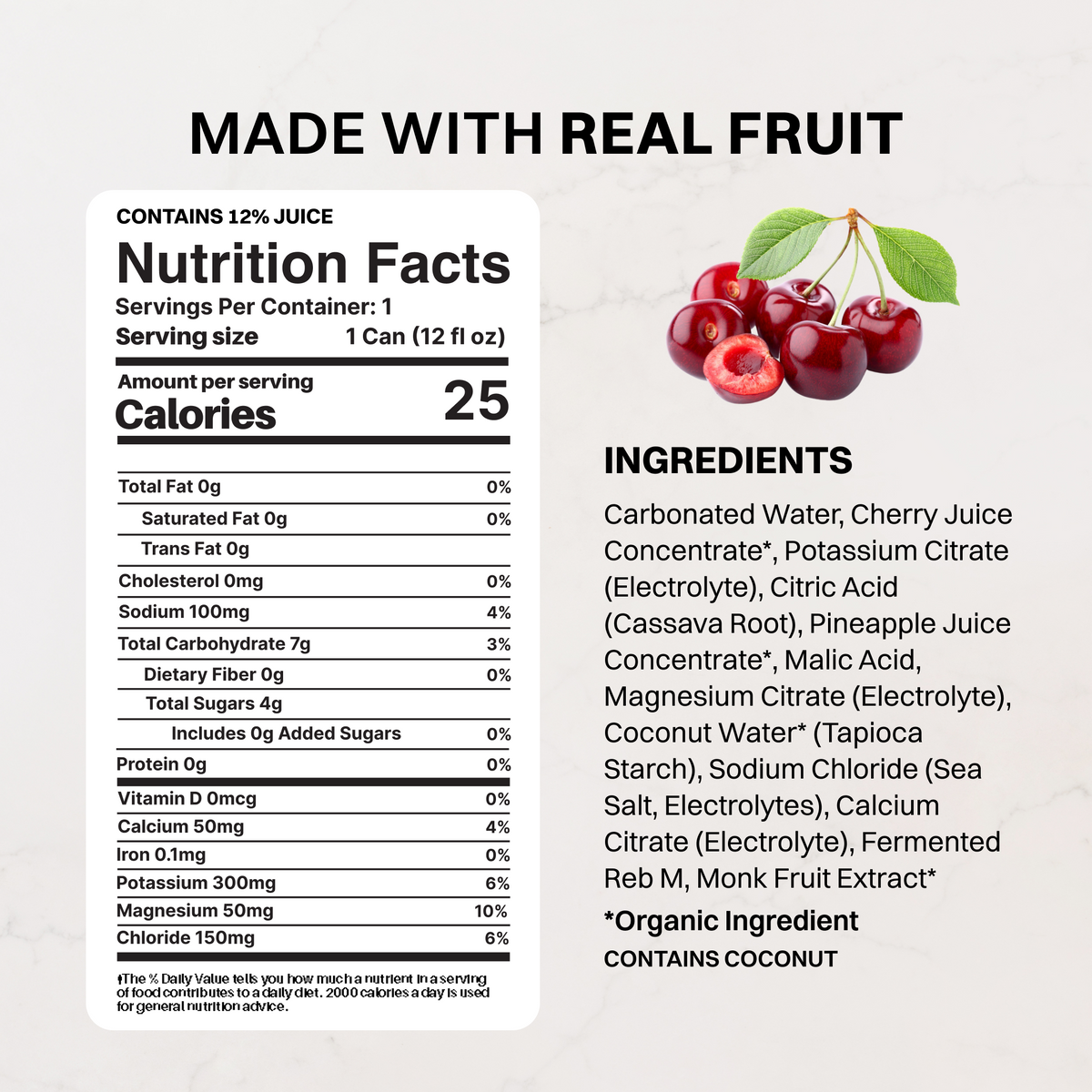 Cherry Punch Sparkling Electrolytes can label with nutrition facts, ingredients list, and fresh cherries with leaves on right