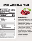 Cherry Punch Sparkling Electrolytes can label with nutrition facts, ingredients list, and fresh cherries with leaves on right