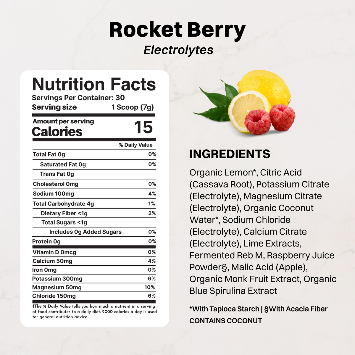 Rocket Berry Electrolytes powder label with nutrition facts, ingredients list, and fresh lemon and raspberry imagery.