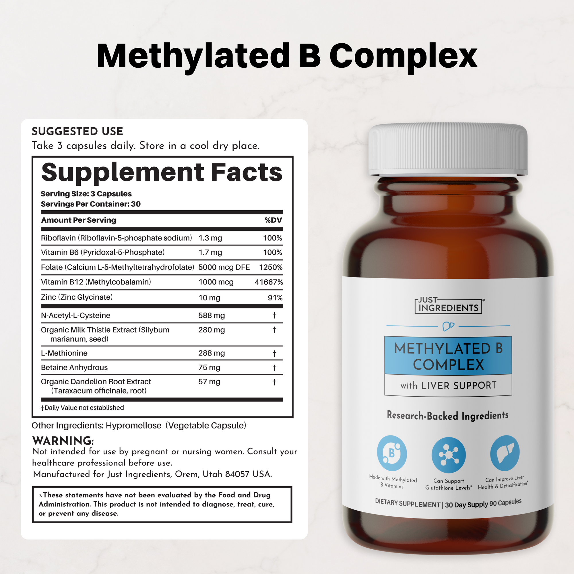Brown bottle of Methylated B Complex supplement with white cap and blue label showing ingredients and nutrition facts.