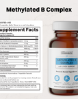Brown bottle of Methylated B Complex supplement with white cap and blue label showing ingredients and nutrition facts.