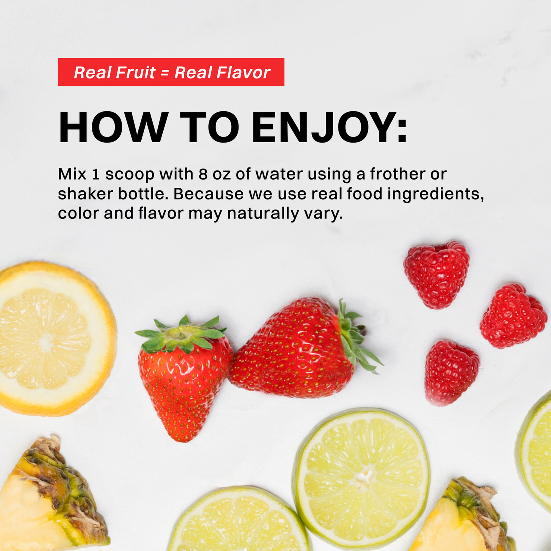 Lemon slices, strawberries, raspberries, and pineapple pieces arranged on white background.