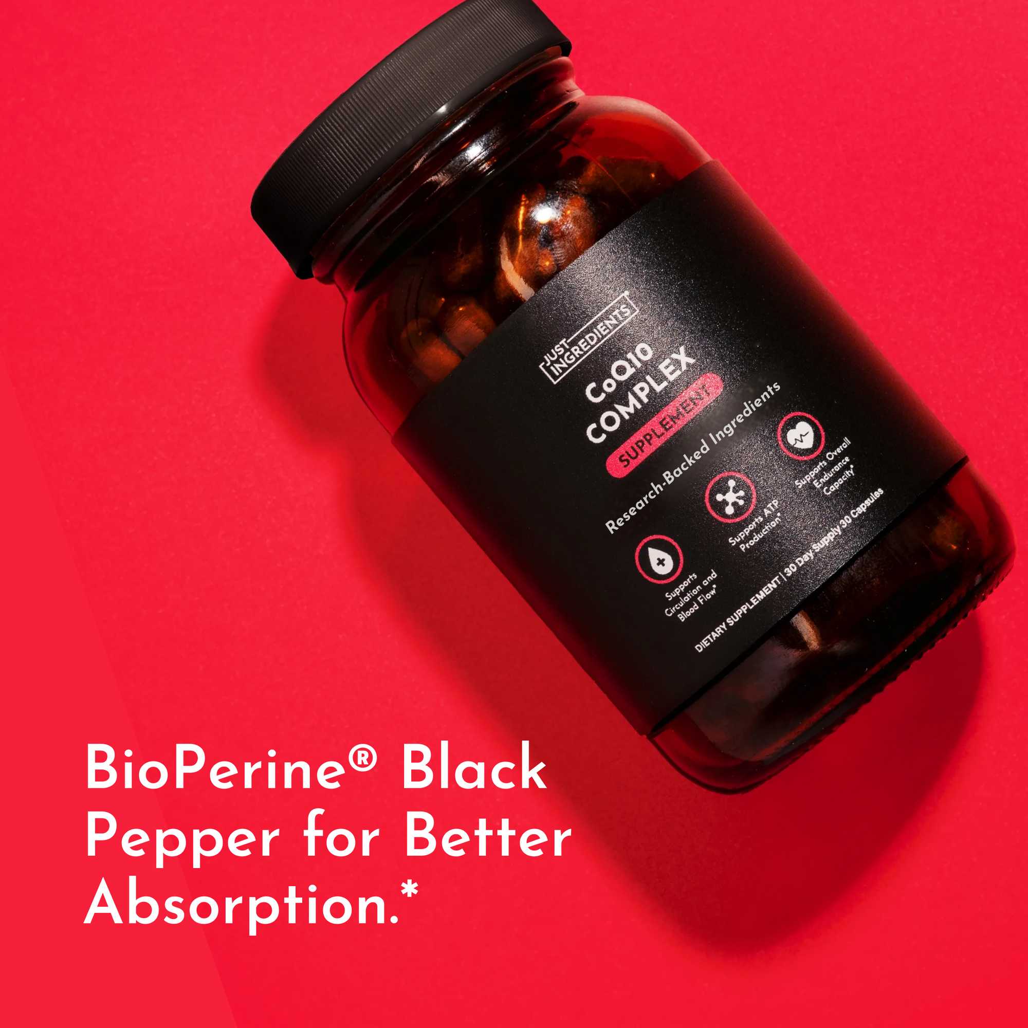 Dark amber glass bottle with black cap labeled CoQ10 Complex on red background.