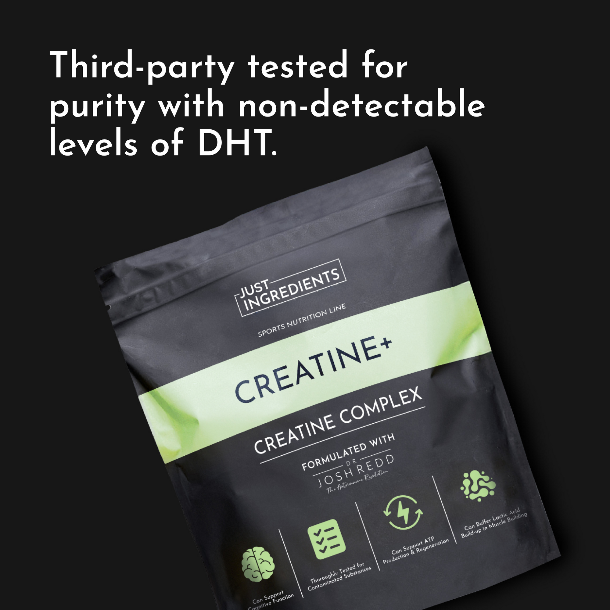 Black packaging of "Creatine+" with green accents, featuring product details and third-party testing information.