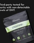 Black packaging of "Creatine+" with green accents, featuring product details and third-party testing information.